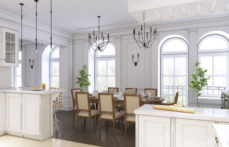 Luxury kitchen classic scandinavian style, white wooden panel wi